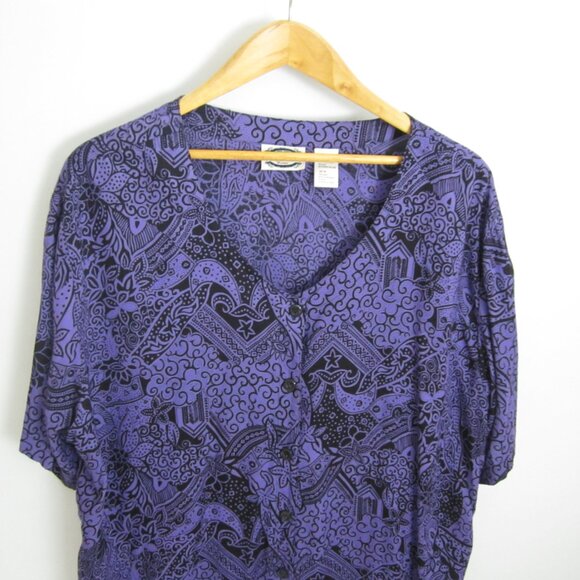 Vtg Separate Issue Woman Plus 24W Purple Black Floral SS Rayon Shirt V Neck 54" - Picture 3 of 9